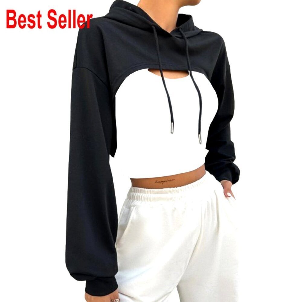 Long Sleeve Cropped Hoodie Workout Top Drawstring Loose Fit